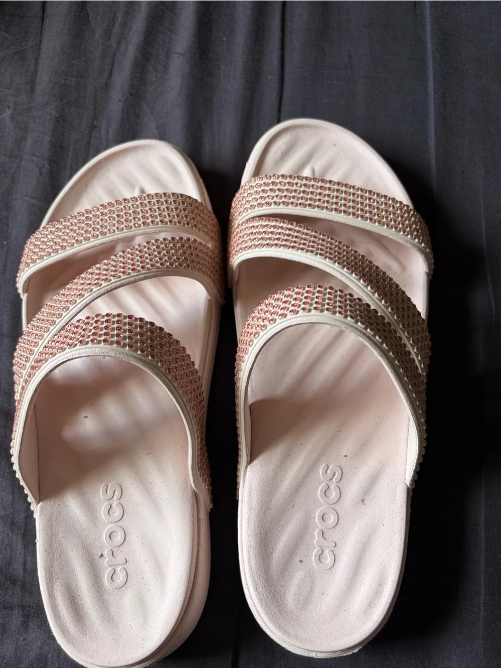 CROCS Women's Light Pink Rhinestone Triple-Strap Slide Sandals